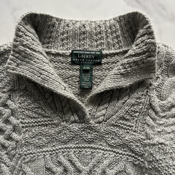 Ralph Lauren Hand Knit 100% Wool Fisherman Sweater Aran Knit Grey Petit Medium - Picture 5 of 11